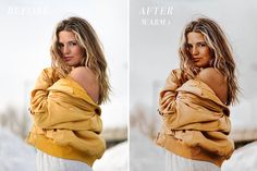 two pictures of a woman with blonde hair and wearing a yellow jacket in the snow