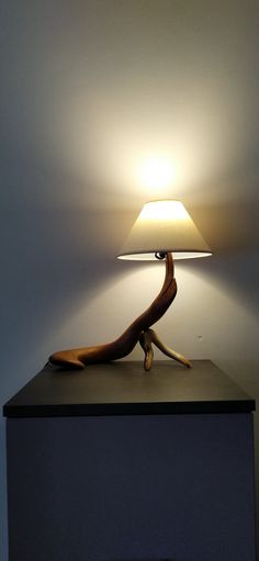 a lamp sitting on top of a table next to a white wall in a room