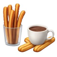 a cup of hot chocolate next to some churros