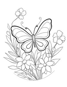 a butterfly sitting on top of flowers in the middle of a coloring book page for adults