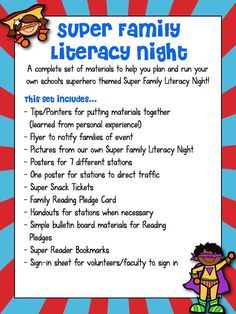 a poster with the words super family library night written in blue and red letters on it