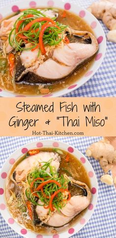 steamed fish with ginger and thai miso in a white bowl on a blue checkered tablecloth