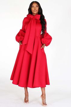 Solid Bow Tie Midi Dress Red Church Outfit, Chic Red Knee-length Midi Dress, Elegant Red Midi-length Puff Sleeve Dress, Red Long Sleeve Belted Midi Dress, Red 3/4 Sleeve Midi Dress For Fall, Elegant Red Midi Dress With 3/4 Sleeves, 1 Piece Dress, Cogic Fashion, Black Hunter