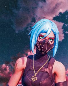 a woman with blue hair wearing a mask