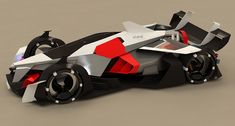 a futuristic race car is shown on a gray background with red and white accents, as well as black wheels