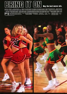 the movie poster for bring it on with cheerleaders in red and green outfits