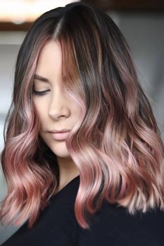 Blush Bayalage Hair, Apricot Balayage Brunette, Money Piece Hair Rose Gold, Brown With Rose Gold Balayage, Rose Gold For Brunettes, Rose Brown Ombre Hair, Rose Gold Ends Hair, Dusty Rose Highlights Brunette, Pale Pink Balayage