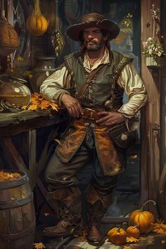 a painting of a man dressed as a pirate standing in front of a table with pumpkins