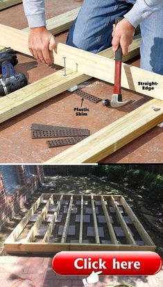 two pictures showing how to build a bed frame