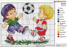 two children playing with a soccer ball in front of a cross - stitch pattern on a white background