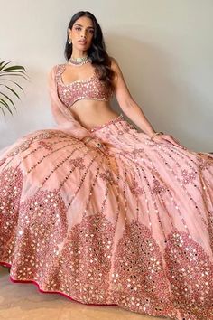 Shop for Neha Khullar Peach Net Mirror Embroidered Lehenga Set for Women Online at Aza Fashions American Indian Dress, Pink Lengha, Peach Mirror, Peach Lehenga, Embroidery Mirror, Net Embroidery, Lehnga Dress, Velvet Dress Designs, Gaun Fashion