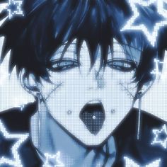 an anime character with his mouth open and tongue out in front of him, surrounded by stars