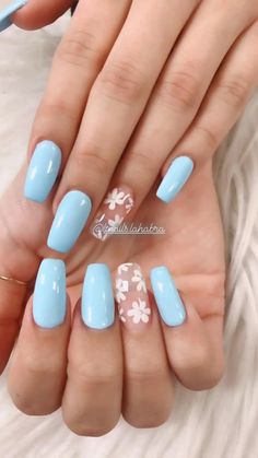 Light Blue Nail Ideas, Light Blue Acrylic Nails, Light Blue Nails With Design, Light Blue Nail, Blue Gel Nails, Nails Art Ideas, Blue Acrylic Nails, French Acrylic Nails, Bleu Pastel