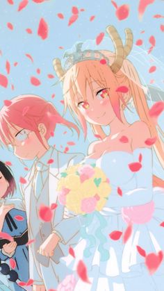 an anime scene with two women and one man standing in front of petals falling from the sky