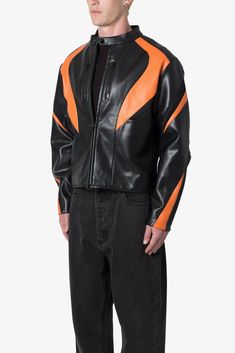 the Cropped Leather Race Jacket is constructed from a vegan leather, a zipper placket and snap closure at the neck, zipper pockets at the chest, mesh vented panels, and is finished in a relaxed fit and cropped length. details relaxed, cropped fit mesh vented panels contrasting panelling 100% polyester model is 6’0, 140 lbs and wears a size medium Orange And Black Clothes, Racing Leather Jacket, Sci Fi Clothing, Zipper Placket, 140 Lbs, Nylon Pants, Racing Jacket, Crop Jacket, Black Orange