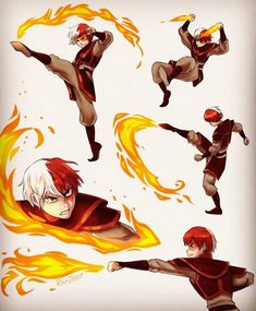 various poses of an anime character with fire