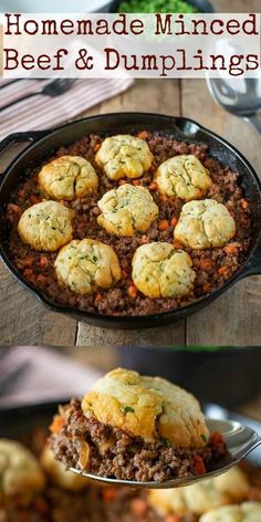 homemade minced beef and dumplings in a skillet