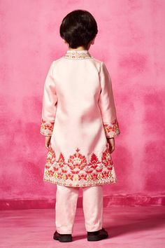 Light pink full sleeve sherwani with velvet patchwork, thread embroidery in floral pattern and mandarin collared neckline. Paired with narrow pant.
Components: 2
Pattern: Embroidery
Type Of Work: Thread, patchwork
Neckline: Mandarin collar
Sleeve Type: Full sleeves
Fabric: Satin Linen
Color: Pink
Other Details: 
Front open sherwani
Occasion: Festive and Wedding - Aza Fashions Pink Churidar With Intricate Embroidery And Long Sleeve, Pink Long Sleeve Churidar With Intricate Embroidery, Pink Sherwani With Intricate Embroidery, Pink Sherwani For Diwali And Traditional Ceremonies, Floral Embroidered Long Sleeve Sets For Festivals, Pink Sherwani With Zari Work For Traditional Ceremonies, Traditional Pink Bandhgala With Chikankari Embroidery, Pink Bandhgala With Resham Embroidery For Eid, Bollywood Style Long Sleeve Sets With Floral Embroidery