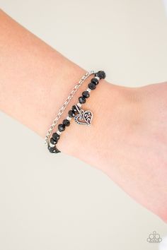 Rare Romance Black ✧ Bracelet Bracelet Black Bracelet, Black Bracelets, Paparazzi Accessories, Childrens Jewelry, Black Crystals, Heart Charm Bracelet, A Romantic, Silver Heart, Delicate Bracelet