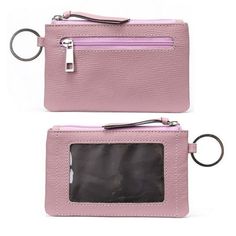 This ID case is a stylish and practical everyday accessory. Made from Saffiano real leather, it features a front ID window, two zipped pockets  the front pocket can store coins or credit card while the main pockets sized to safely store small things such as cash, cards, receipts, lipsticks for days on the go, 1 interior open pocket for your ID Badge and credit cards. Attach your keys to the key ring of this little ID case to avoid your keys lost. RFID Blocking designed lining keeps your value in Pink Rectangular Coin Purse With Rfid Blocking, Pink Coin Purse With Card Slots For Personal Use, Pink Card Holder With Zipper Closure For Daily Use, Pink Leather Card Holder With Card Slots, Pink Rfid-blocking Rectangular Coin Purse, Leather Coin Purse, Everyday Accessories, Id Badge, Key Rings