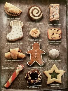 a box filled with different types of cookies