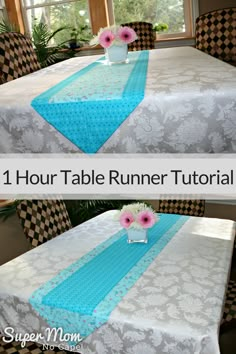 the table runner is made with blue and white damask, which has pink flowers on it