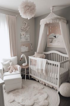 a baby's room with a white crib, rocking chair and pink decor