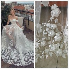 a woman in a white dress sitting on a balcony next to flowers and sheer curtains