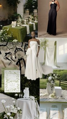 a collage of photos with white and green wedding decorations, flowers, and bride's dress