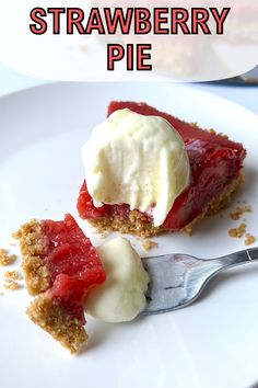 two pieces of strawberry pie on a white plate with a silver fork and text overlay