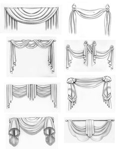 six different types of draperies and drapes with ribbons hanging from the top, bottom,