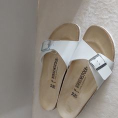 Birkenstock Madrid Womens Size L8 M6 Color White No Box Used Just To Try Them White Adjustable Sandals For Everyday Wear, Comfortable White Footbed Sandals With Round Toe, Comfortable White Round Toe Footbed Sandals, White Flat Leather Footbed Sandals, White Flat Everyday Sandals, White Flat Sandals For Everyday, White Round Toe Sandals For Everyday, Casual White Slides With Cork-bed Midsoles, White Flat Sandals For Everyday Wear