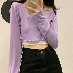 Violet Top Outfit, Summer Korean Style, Slim Girl, Purple Outfits, Easy Trendy Outfits, Crop Top Outfits, Korean Outfits, Outfits Aesthetic, Fashion Tees