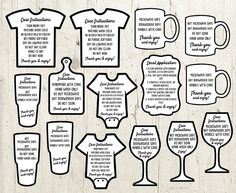 wine glasses and t - shirts with the names of different types of wines on them