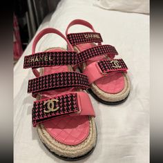 Pink Chanel Dad Sandals Cloth Great Condition Size 39 Chanel Dad Sandals, Chanel 2021, Dad Sandals, Shoes Chanel, Pink Chanel, Cc Logo, Chanel Shoes, Women's Shoes Sandals, Shoes Sandals