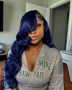 Ocean Blue Lace Front Wig, Outfits With Colored Hair, Blue Wig Ideas Black Women, Dark Skin Colored Wig, Midnight Blue Lace Front Wig, Colors To Try On Wigs