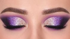 Glitter Smokey Eye Makeup, Makeup Hooded Eyes, Carnaval Make-up, Teknik Makeup, Purple Makeup Looks, Glitter Smokey Eye, Make Up Gold