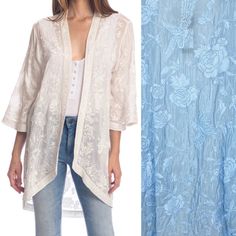 Nwt Anthropologie Tolani Mantra Kimono Cardigan Jacket: Light Sky Blue. Size: One Size. Gorgeous Floral Embroidery Detail. Kimono 3/4 Sleeves. 100% Cupro. New Condition! Stock Photos In White To Demonstrate Fit And Style. Measurements: Armpit To Armpit 21” Shoulder To Hem 34.5” All Measurements Are Approximate. Check Out The Other Items In My Closet. Bundle Up For A Private Discount! Ships Fast! Tolani Mantra Kimono Jacket Cardigan Light Blue Spring Long Sleeve Fitted Kimono, Spring Fitted Long Sleeve Kimono, Fitted Long Sleeve Spring Kimono, Blue Spring Cardigan For Layering, Spring Open Front Outerwear With Floral Embroidery, Spring Blue Cardigan For Layering, Spring Outerwear With Floral Embroidery And Open Front, Long Spring Outerwear For Layering, Long Blue Spring Outerwear