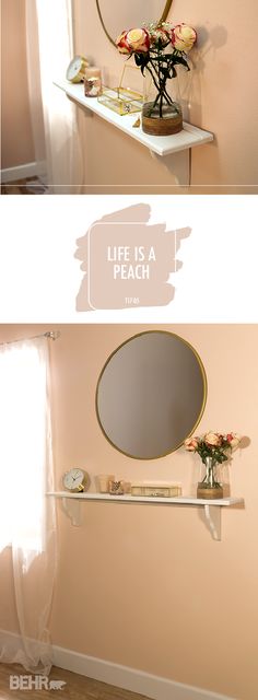 there are two pictures of a mirror and shelf in the same room with flowers on it