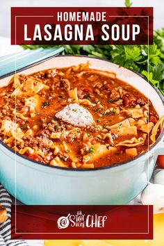 homemade lasagna soup in a blue casserole dish