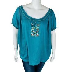 New French Laundry Womans Sz 22/24 Stretch Blouse Floral Blue Green Floral Nwt Bust: 30 Inches Length: 28 Inches Material: 58% Cotton 40% Polyester 2% Spandex Thanks For Looking! Casual Blue Peasant Top With Floral Embroidery, Turquoise Cotton Blouse, Blue Bohemian Blouse In Rayon, Blue Embroidered Short Sleeve Peasant Top, Blue Embroidered Peasant Top With Short Sleeves, Asymmetrical Shirt, Long Sleeve Layer, French Laundry, Pocket Blouse