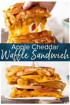 an apple cheddar waffle sandwich is stacked high on top of each other