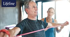 an older man and woman doing exercises on exercise ropes in a gym with the words lifeline above them