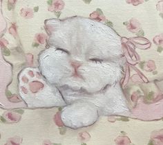 a painting of a white cat sleeping on a pink flowered pillow with its eyes closed