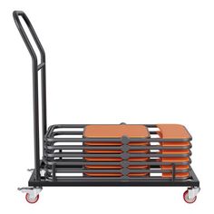 a stack of orange plates sitting on top of a black cart with wheels and handles