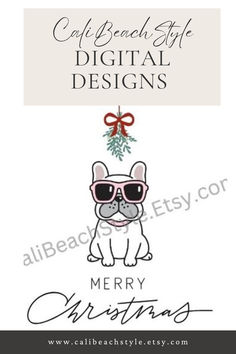 a christmas card with a french bulldog wearing sunglasses and a bow on it's head