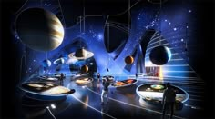 an artist's rendering of the interior of a space station with planets and other objects