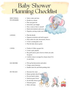 a baby shower checklist with an elephant riding a bike and the words baby shower planning checklist