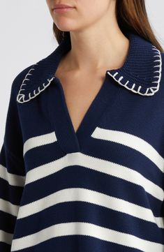 Contrasting embroidery traces the edges of a maritime-striped polo-sweater knit from pure cotton in a slouchy silhouette. 24 1/2" length (size Medium) Johnny collar Long sleeves Dropped shoulders Ribbed cuffs and hem 100% cotton Dry clean Imported Johnny Collar, Flare Long Sleeve, Polo Sweater, Fall Shopping, Pant Shirt, Striped Sweater, Sweater And Shorts, Shirt Accessories, Cashmere Sweater