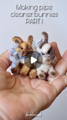 a person holding two small stuffed animals in their hands with the caption making pipe cleaner bunnies part 1